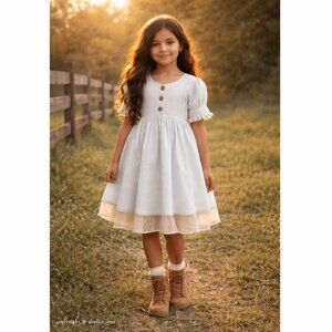 LOVELY Cottage Core Dress 100% Cotton Aqua Ivory Embroider Lace Girls Size 10